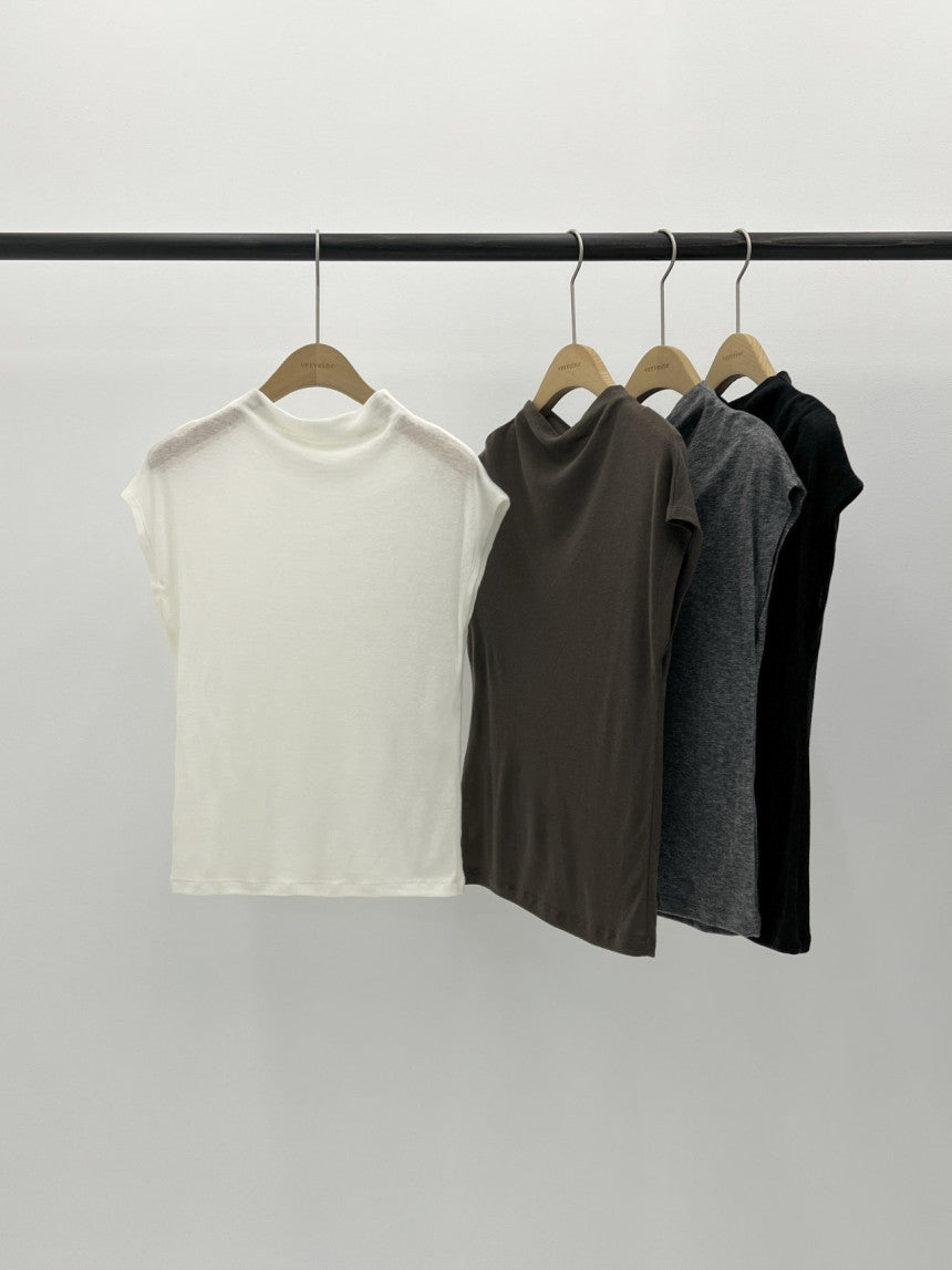 Mock neck wool tencel drop shoulder T-4col