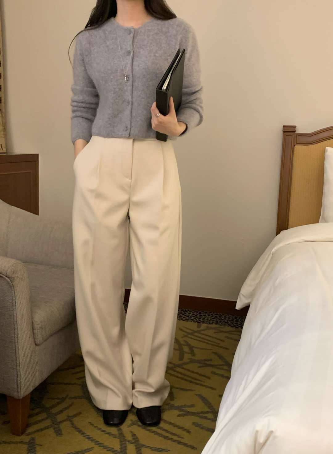 Herringbone gimo wide slacks-2col/ショート丈あり