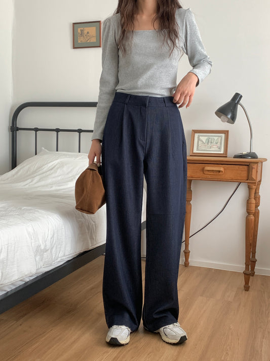 Fw denim onepintuck slacks-2col ショート丈あり
