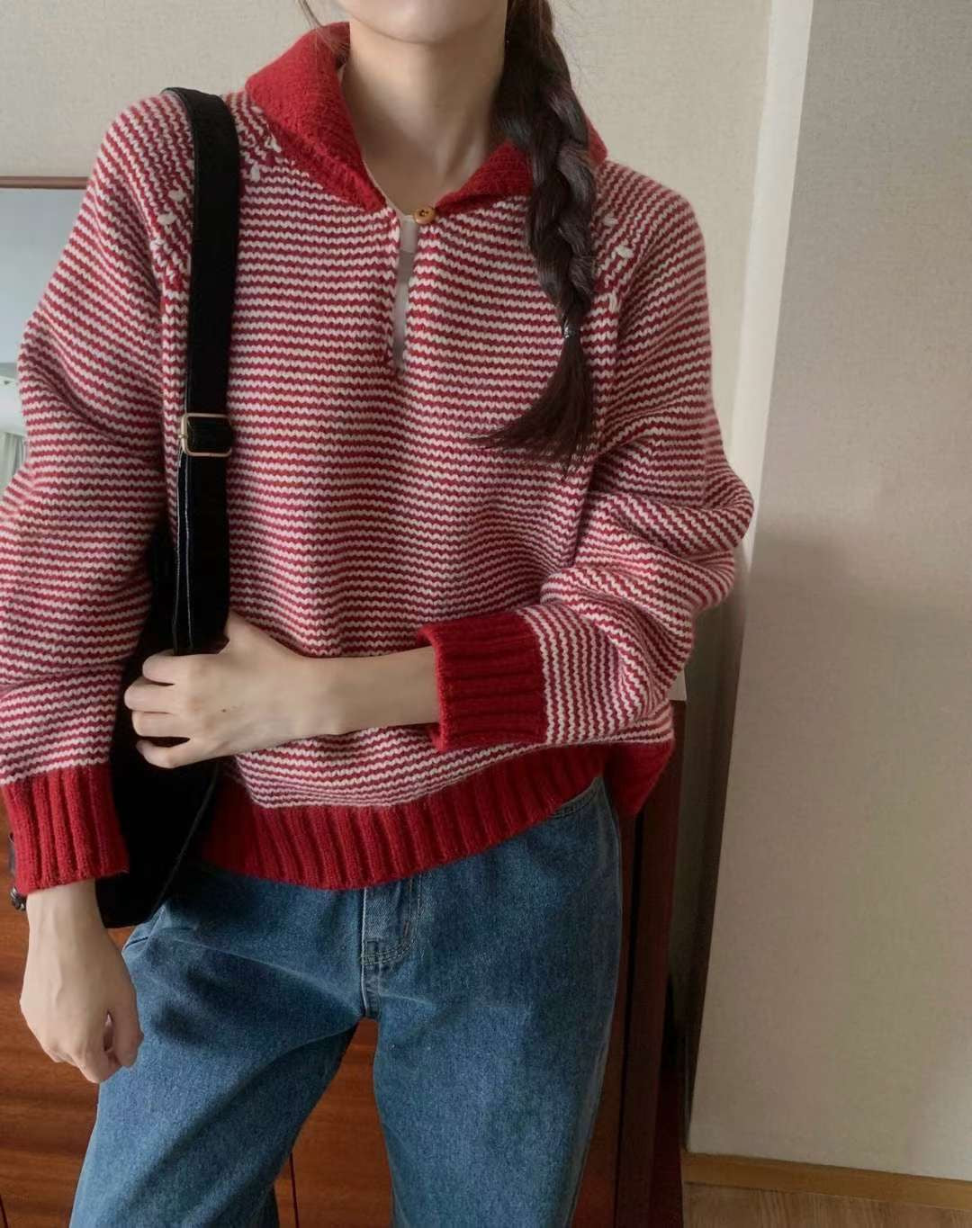 Stripe button knit-3col