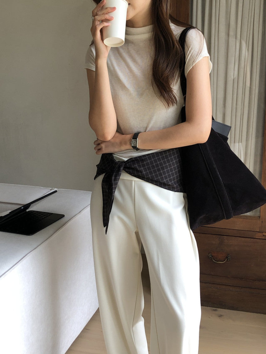 Mock neck wool tencel drop shoulder T-4col