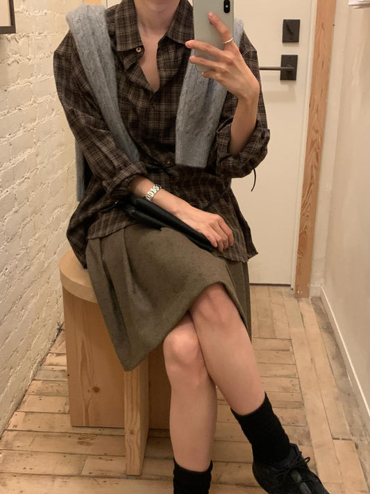 Maron check shirt-2col