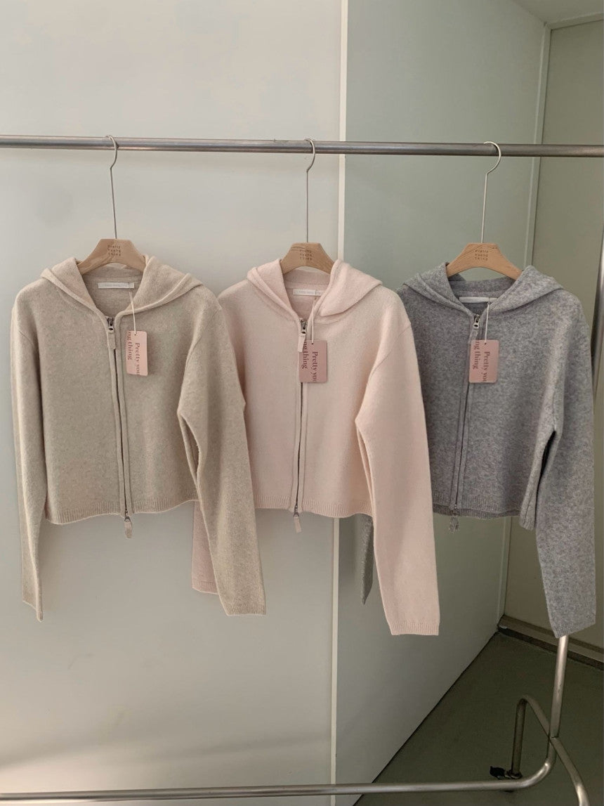 Basil hood zip up knit cardigan-3col