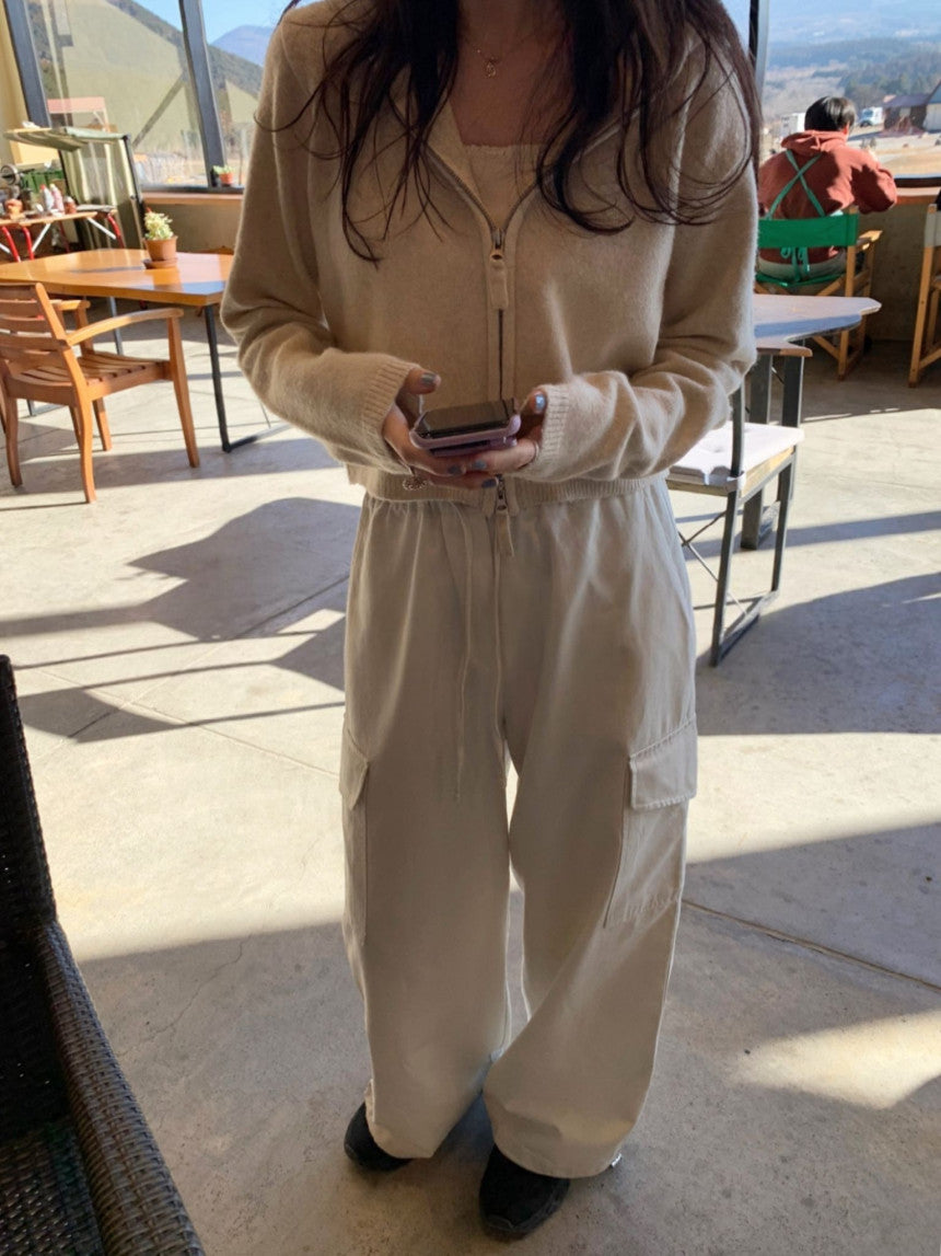 Basil hood zip up knit cardigan-3col