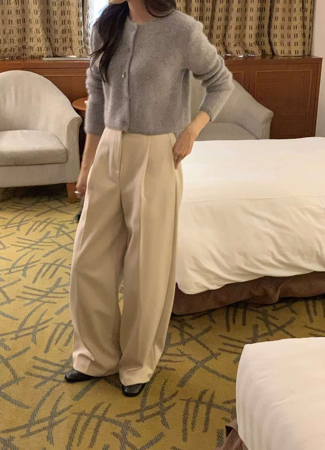 Herringbone gimo wide slacks-2col/ショート丈あり