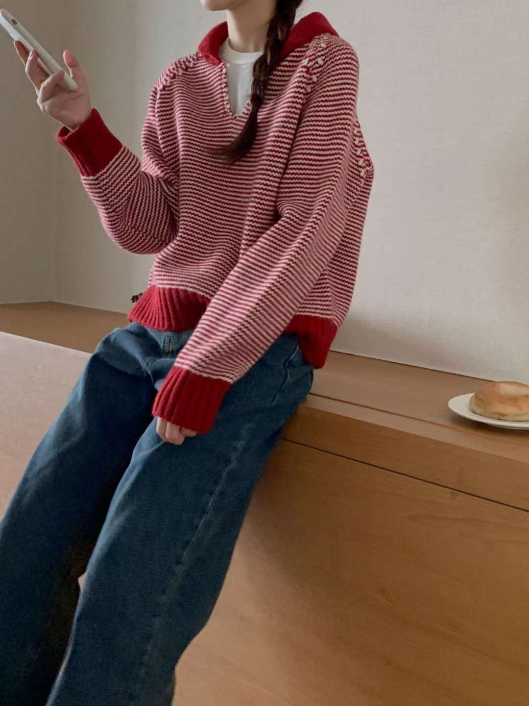 Stripe button knit-3col