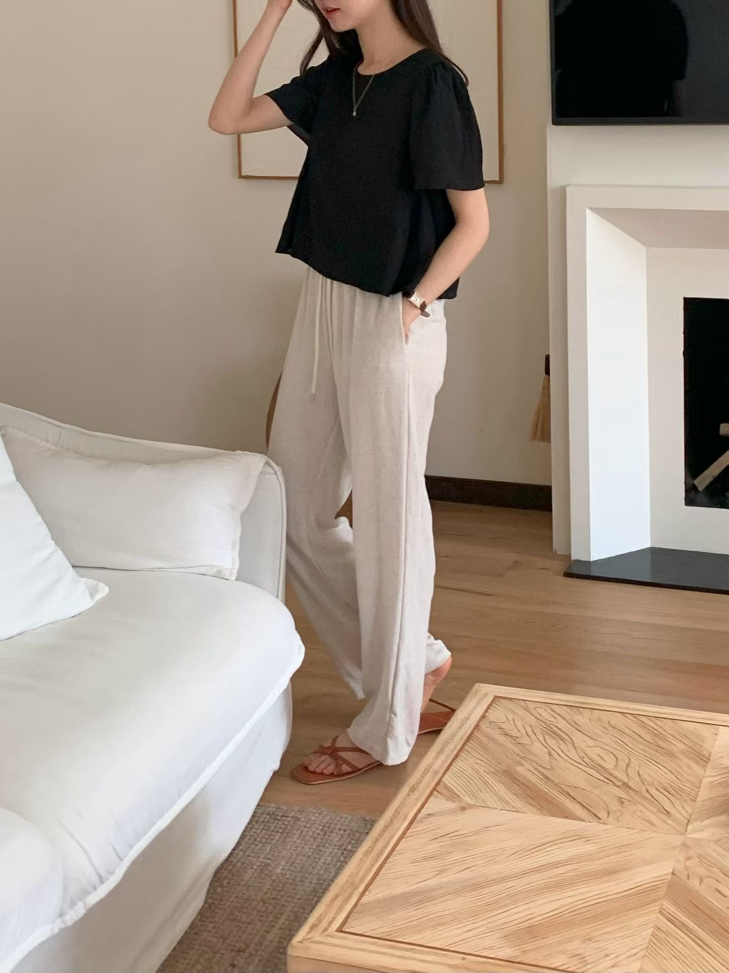 vintage linen wide banding pants-3col