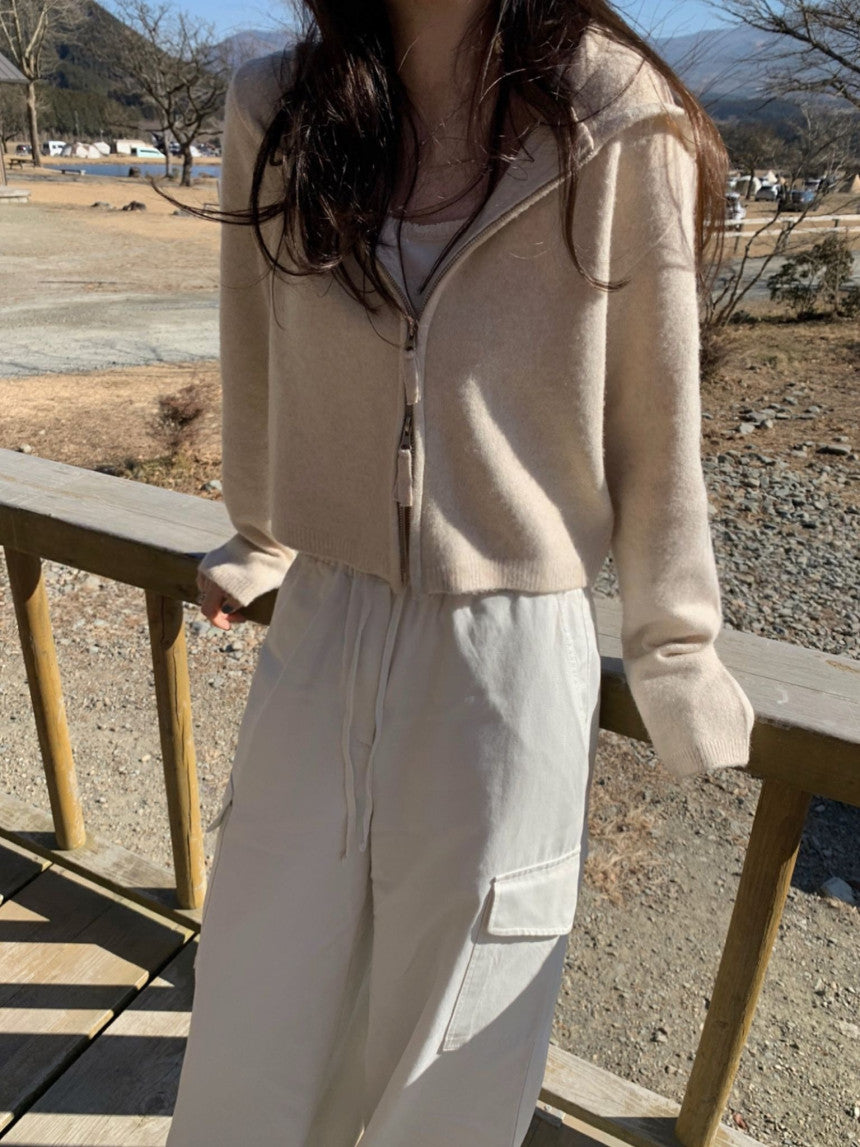 Basil hood zip up knit cardigan-3col