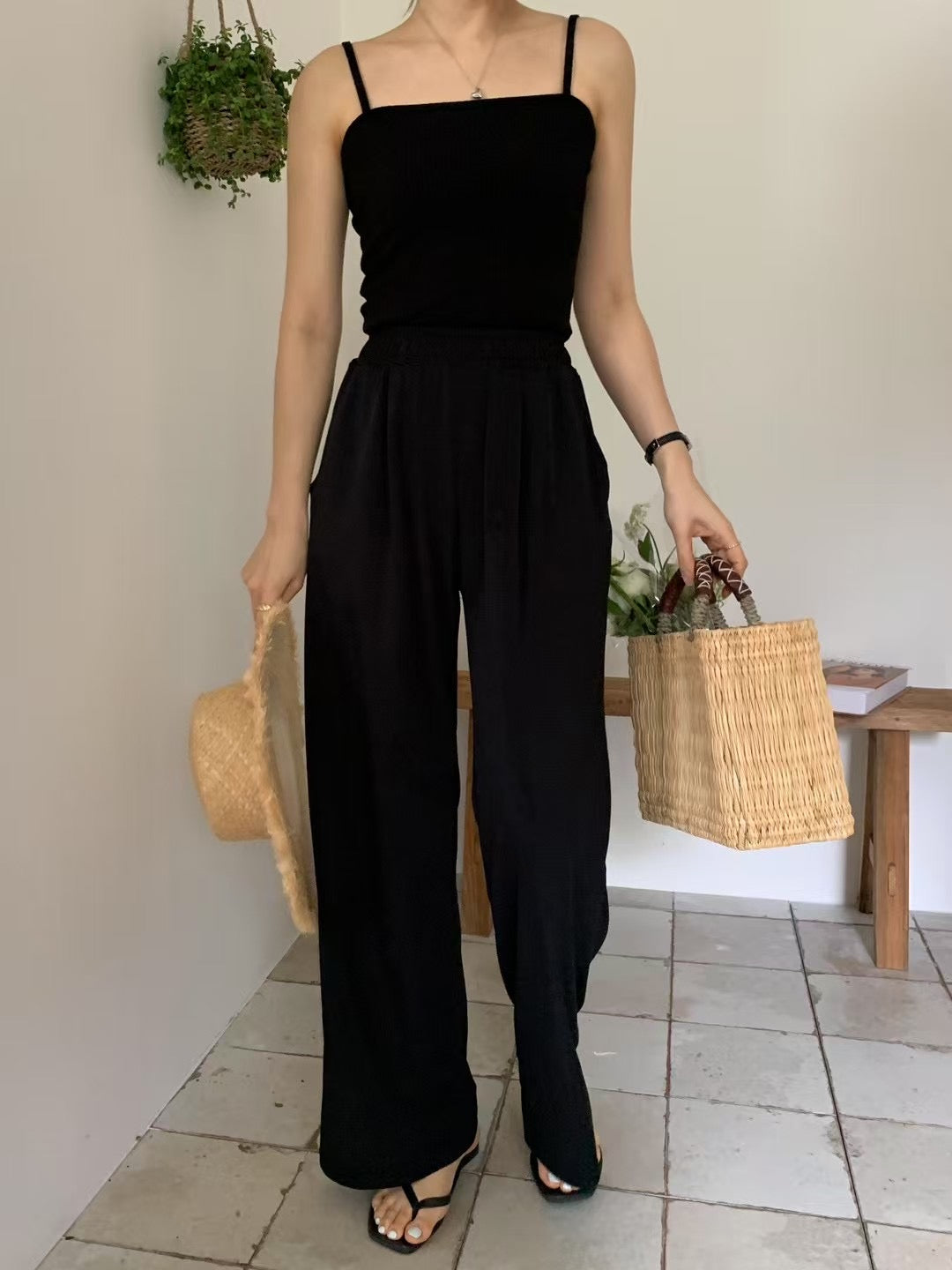 if pintuck wide banding pants-3col