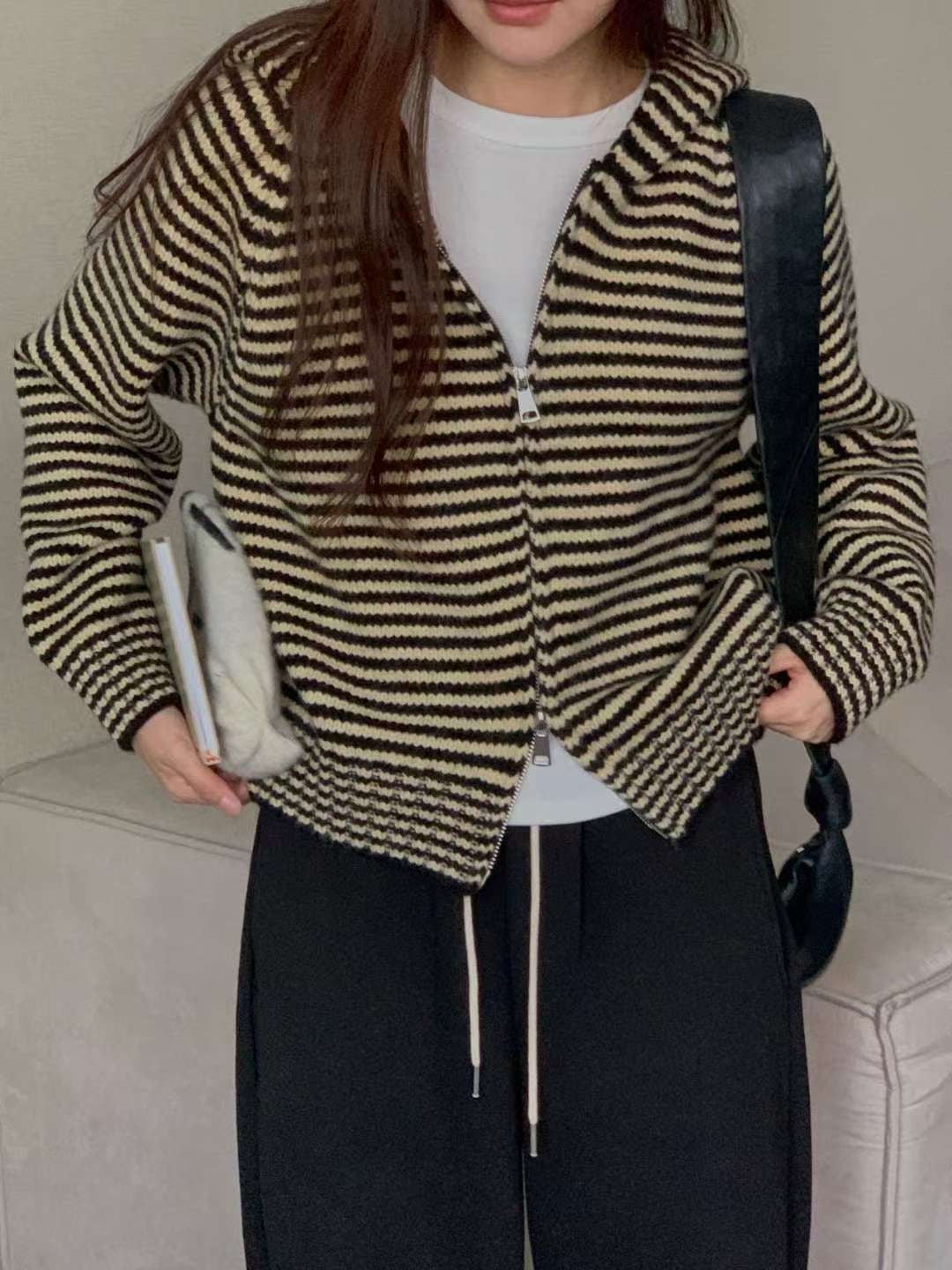 Stripe hood zip up-3col