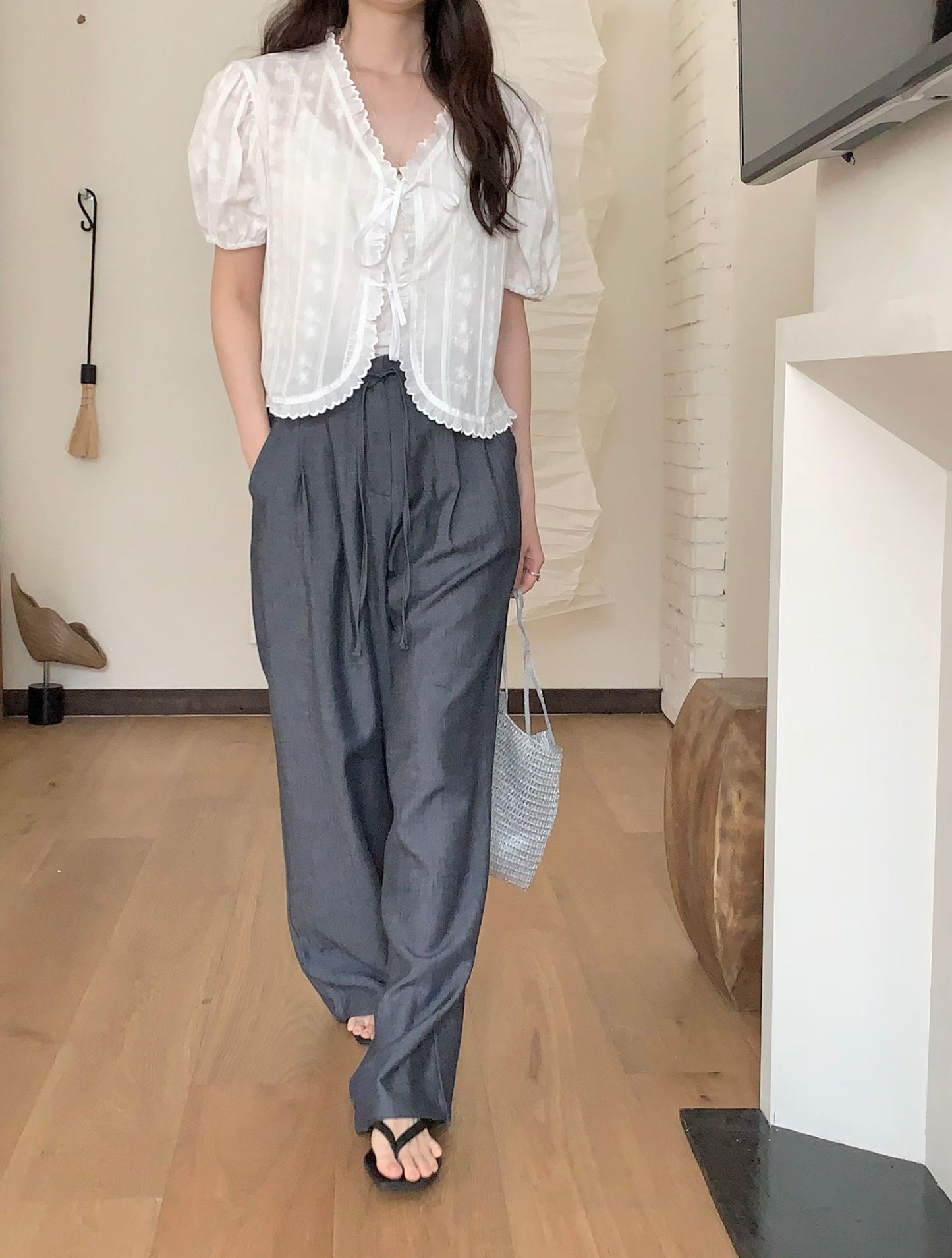 linen denim strap back-banding wide pants-2col/ショート丈あり