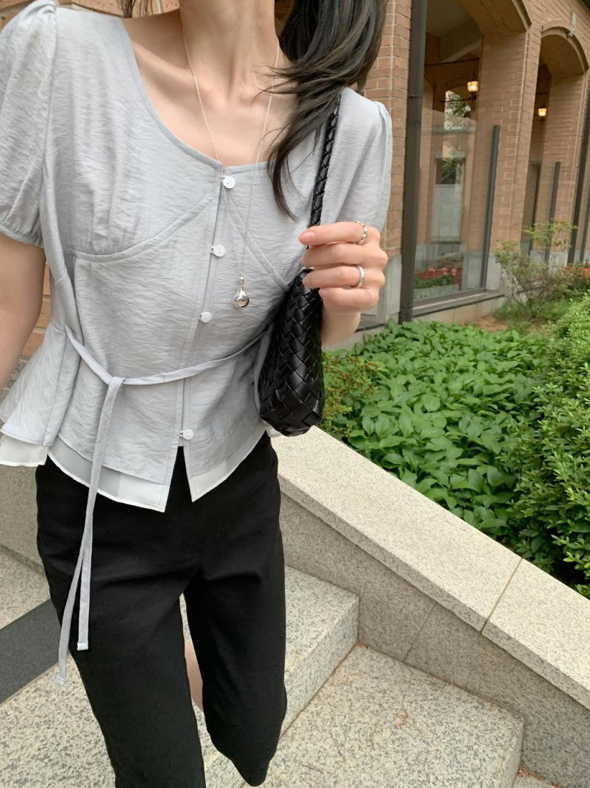 half rumi shirring blouse-3col
