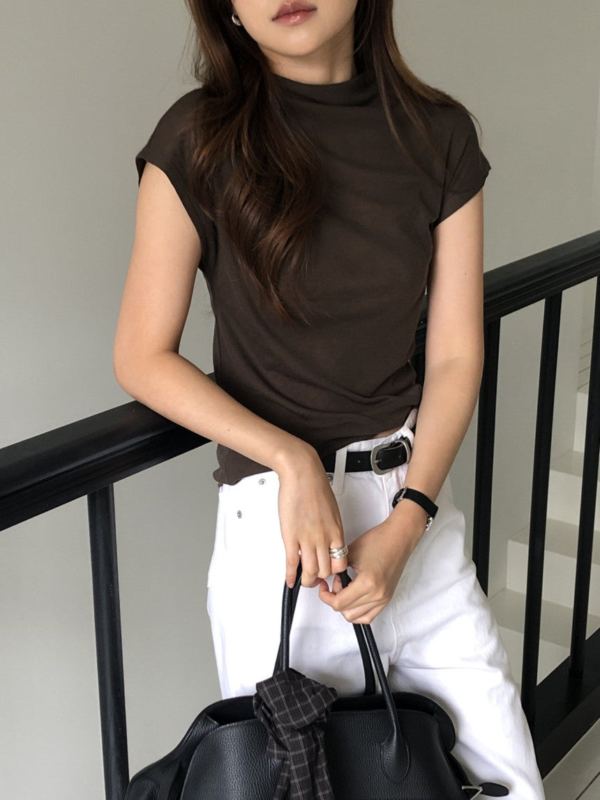 Mock neck wool tencel drop shoulder T-4col