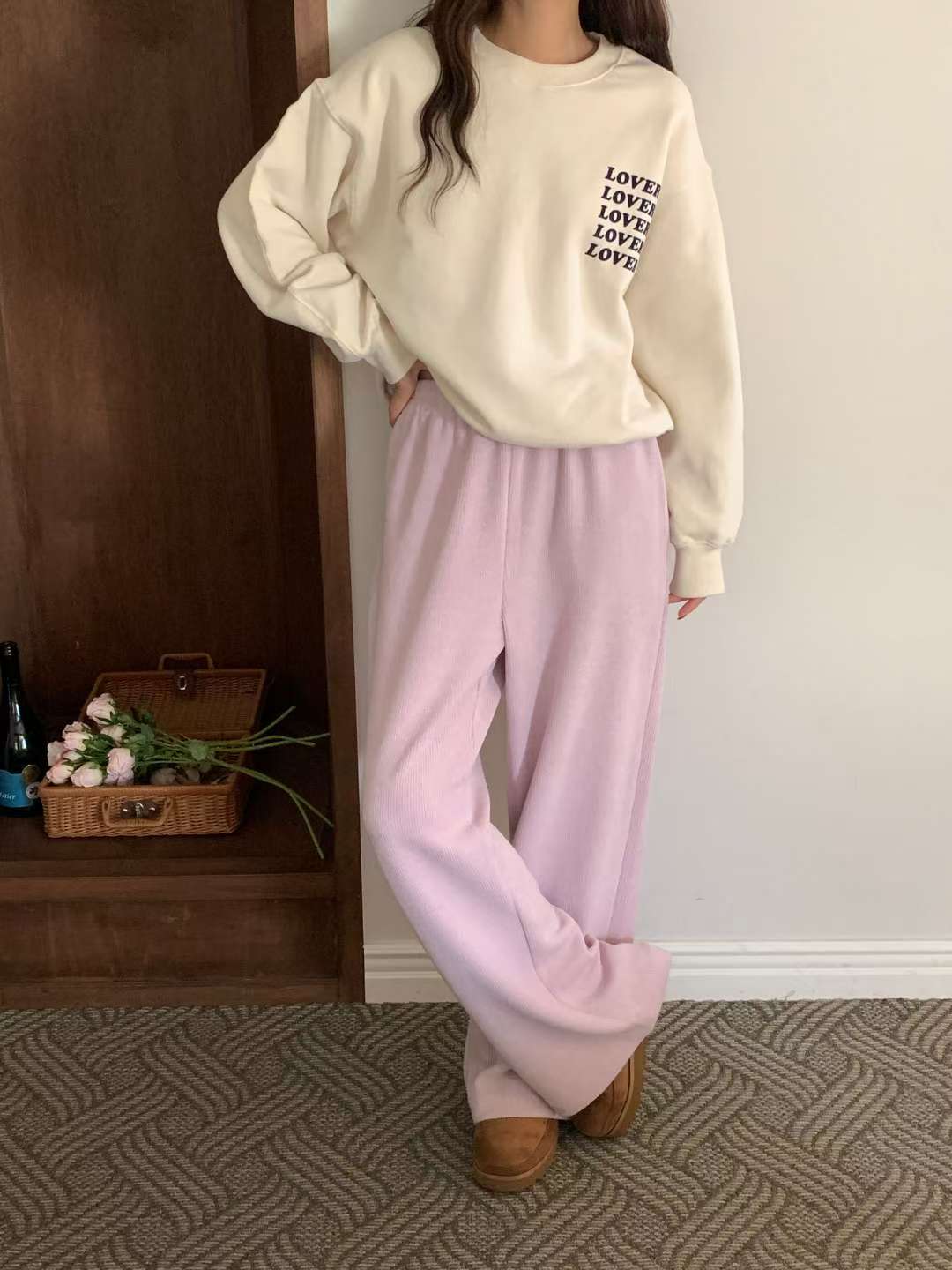 knit wide banding pants-4col