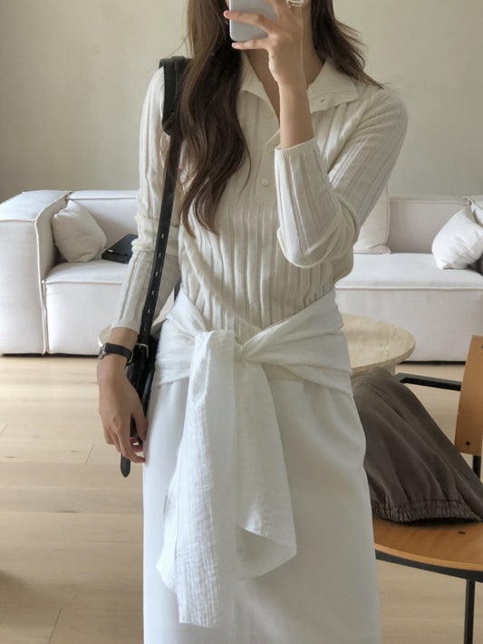 Linear wool button collar knit-4col
