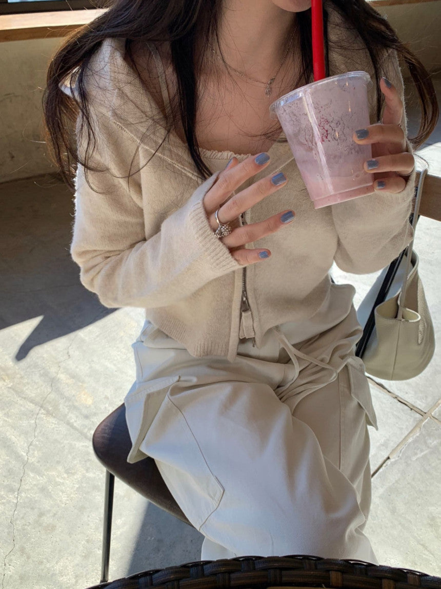 Basil hood zip up knit cardigan-3col