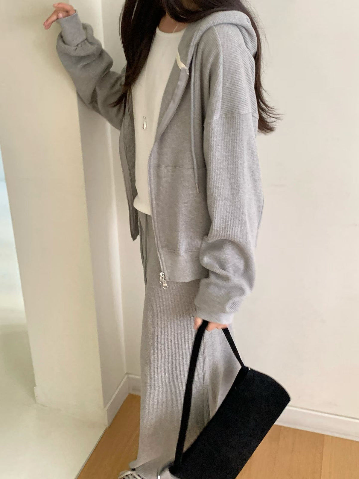 Waffle 2way hood zipup&skirt-2col
