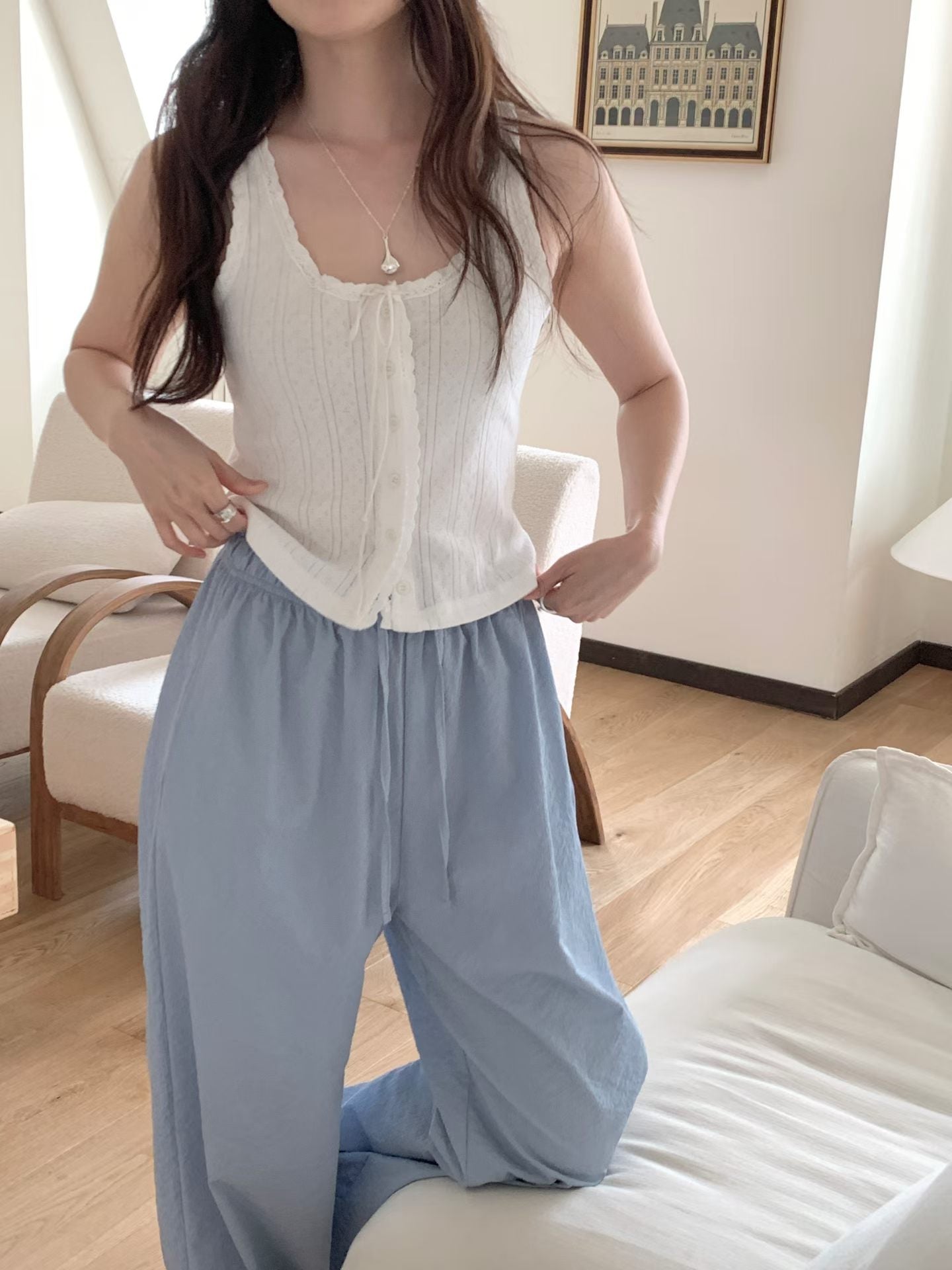 wavy s.t wide banding pants-4col
