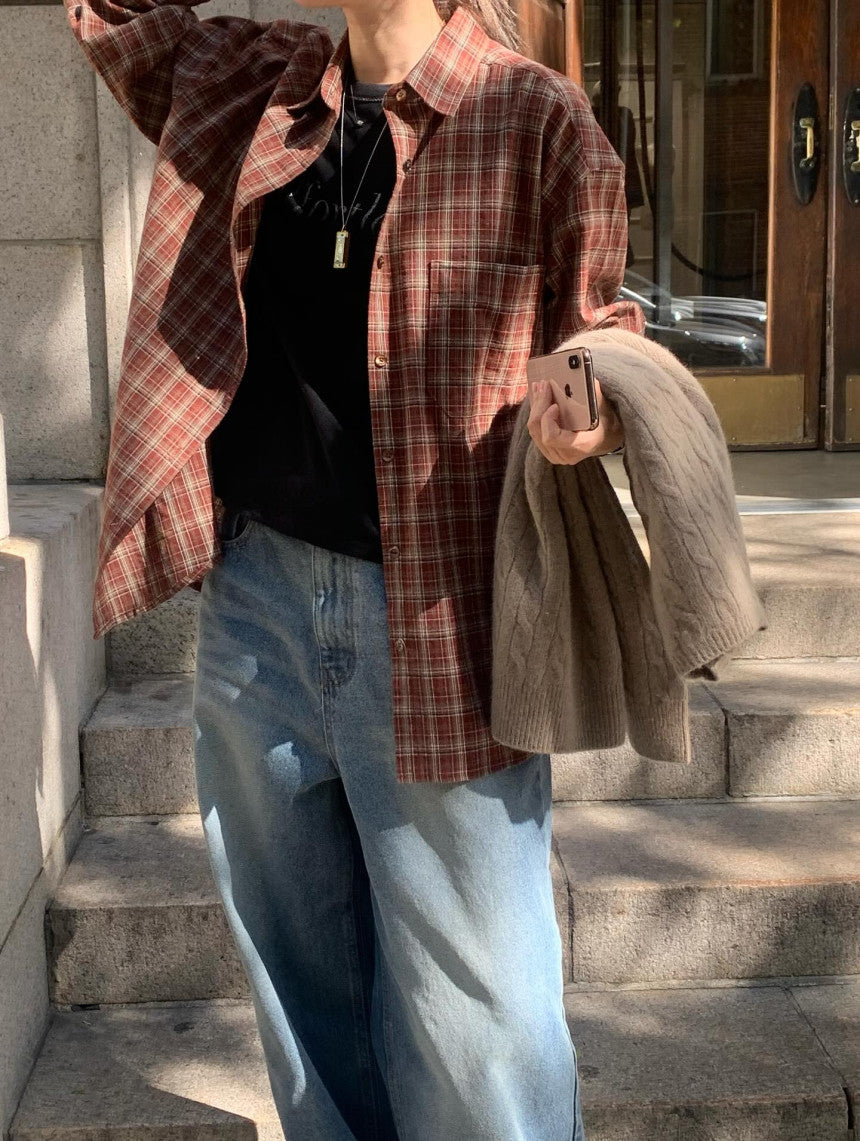 Maron check shirt-2col