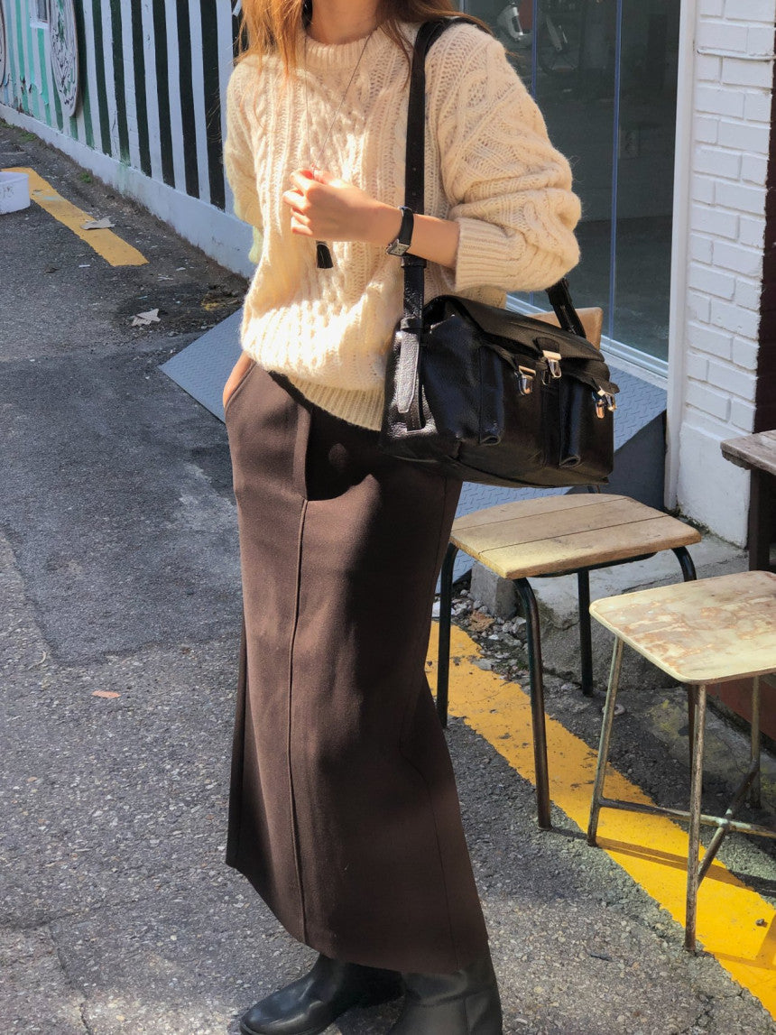 Rumi back banding wool midi skirt-2col