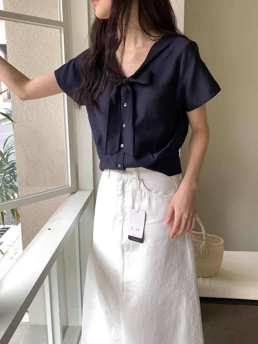deondo tie short sleeve blouse-2col
