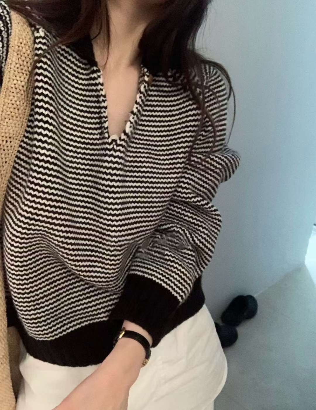 Stripe button knit-3col