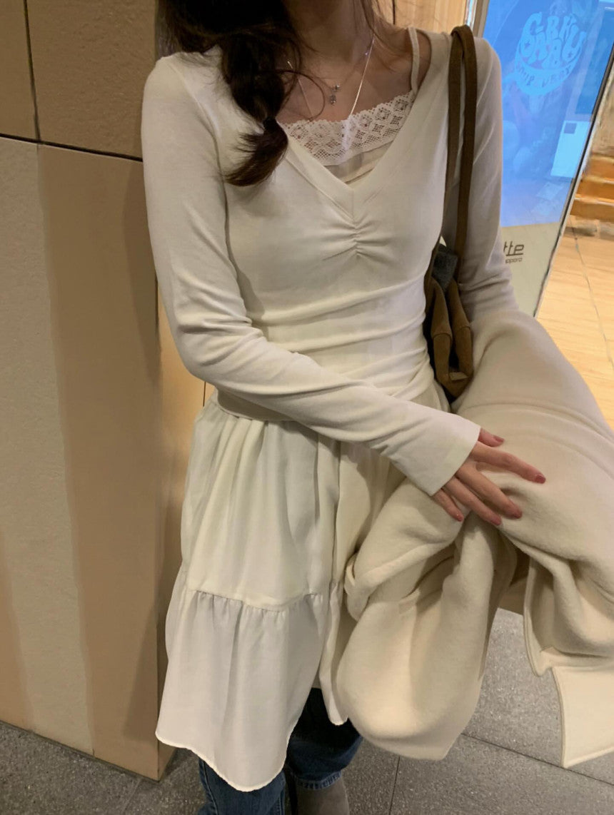 V-neck shirring T-4col