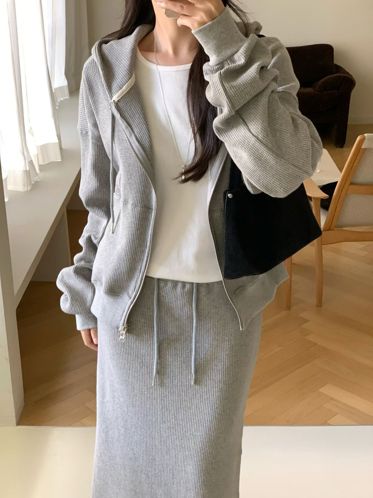 Waffle 2way hood zipup&skirt-2col