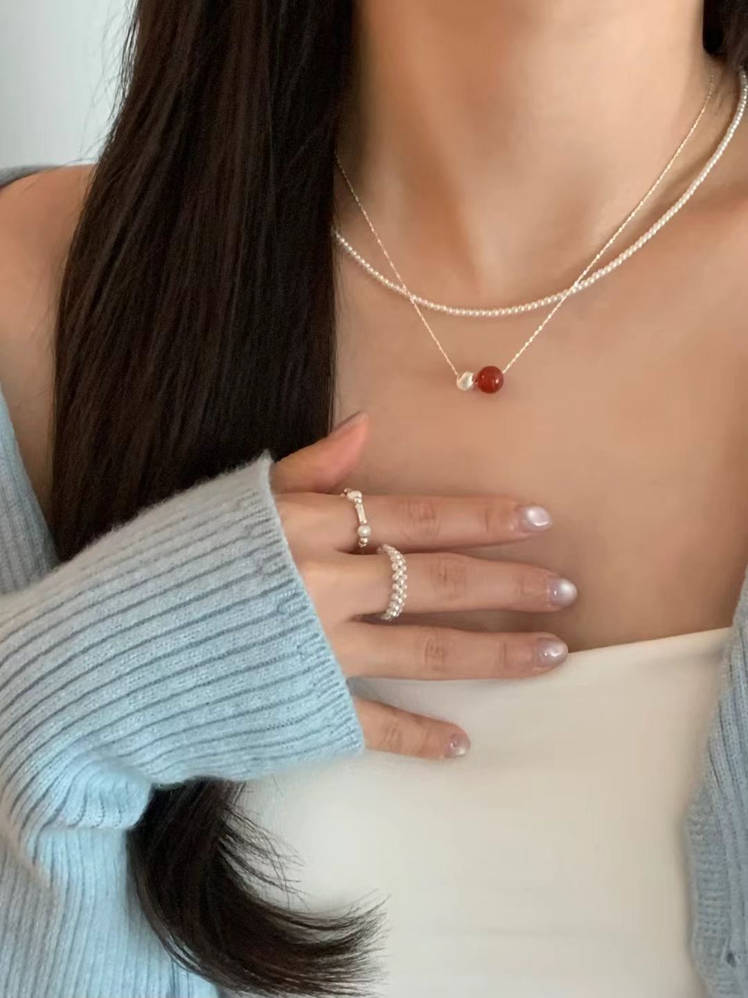 Pia Red Onyx Silver Ball Necklace