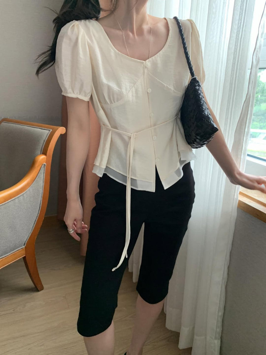 half rumi shirring blouse-3col