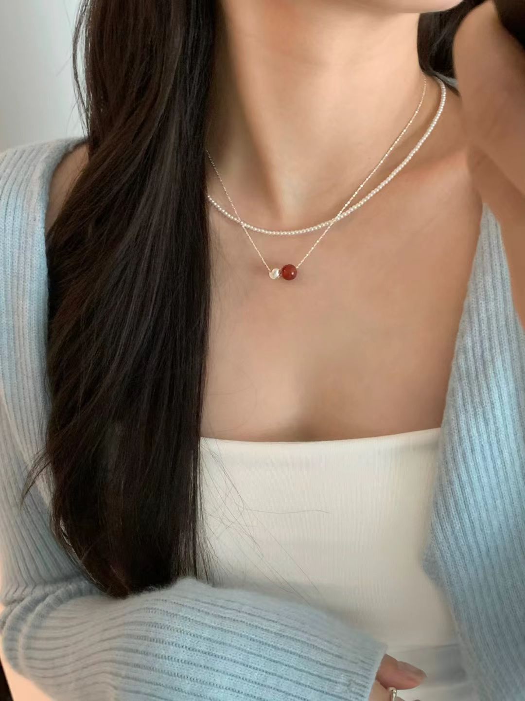 Pia Red Onyx Silver Ball Necklace