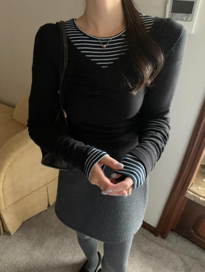 V-neck shirring T-4col