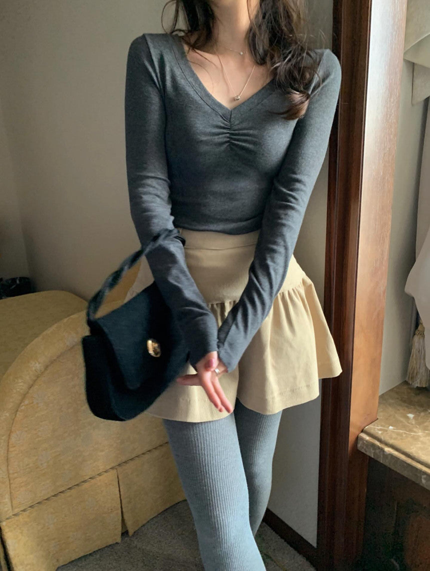 V-neck shirring T-4col