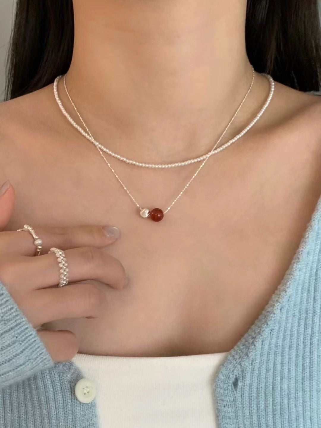 Pia Red Onyx Silver Ball Necklace