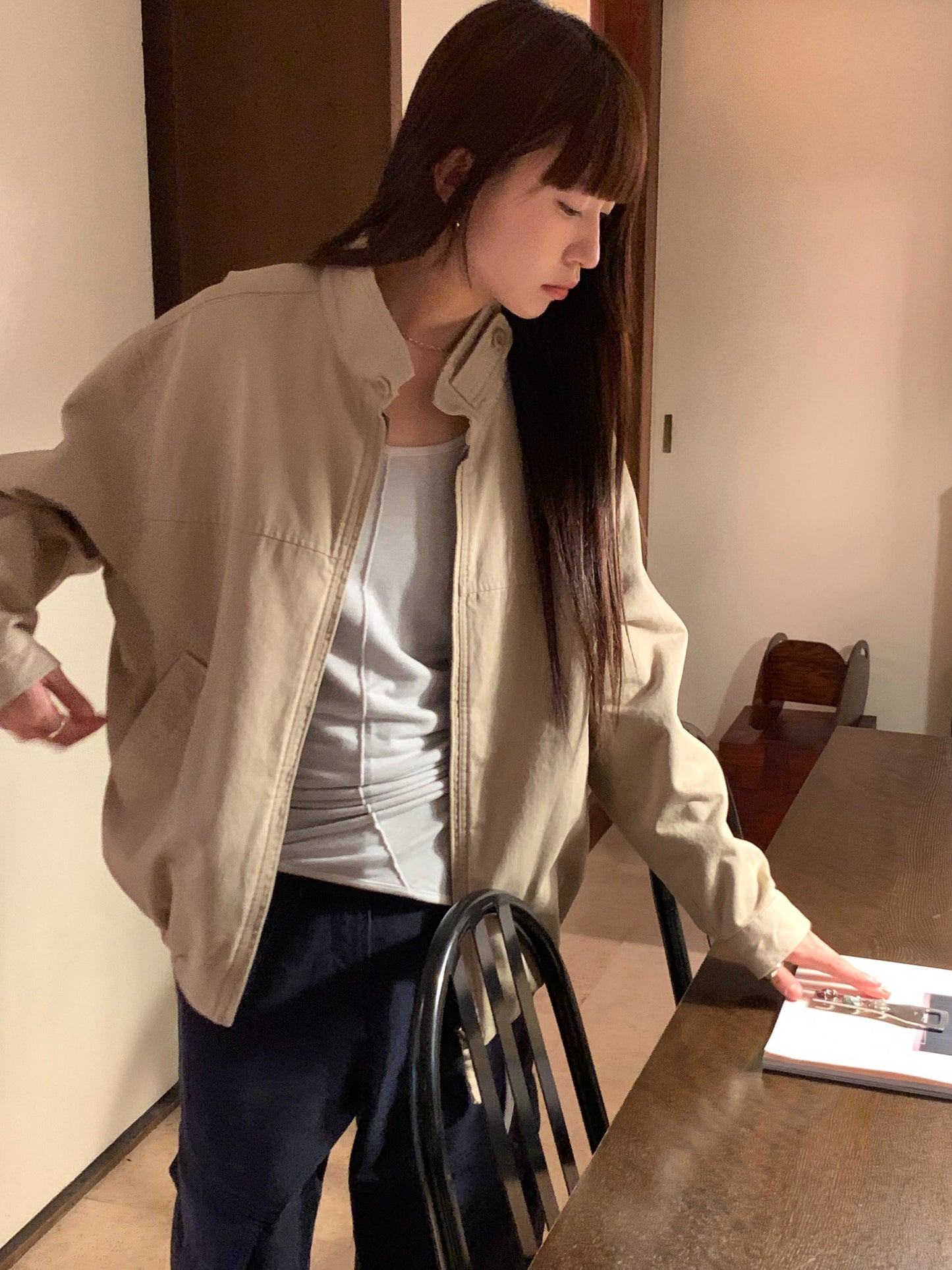 french blue cotton high-neck zip-up jacket-3col