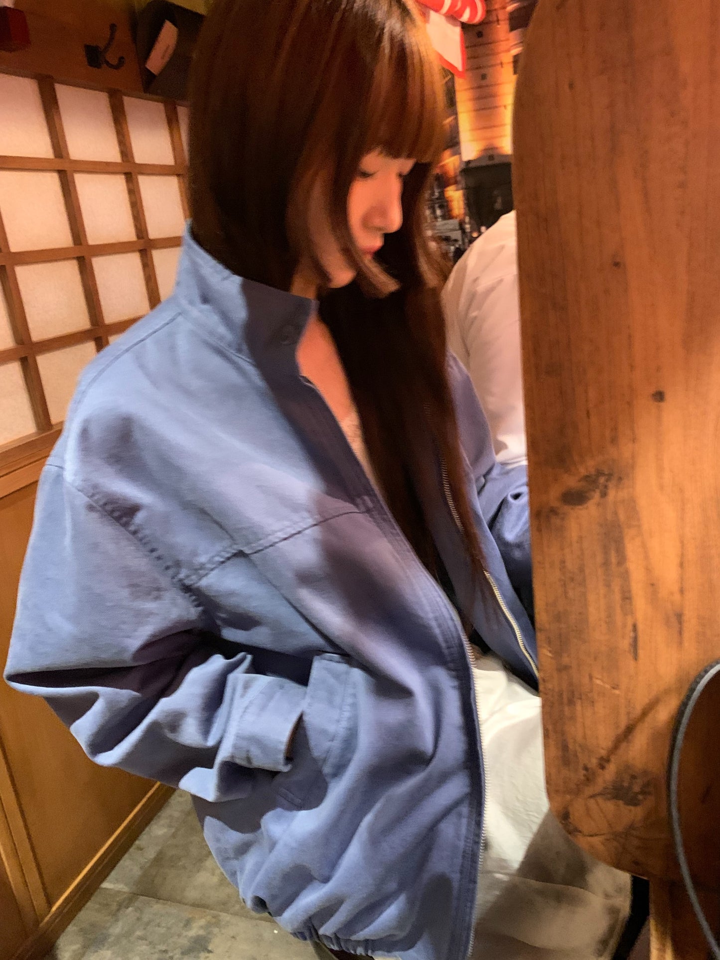 french blue cotton high-neck zip-up jacket-3col