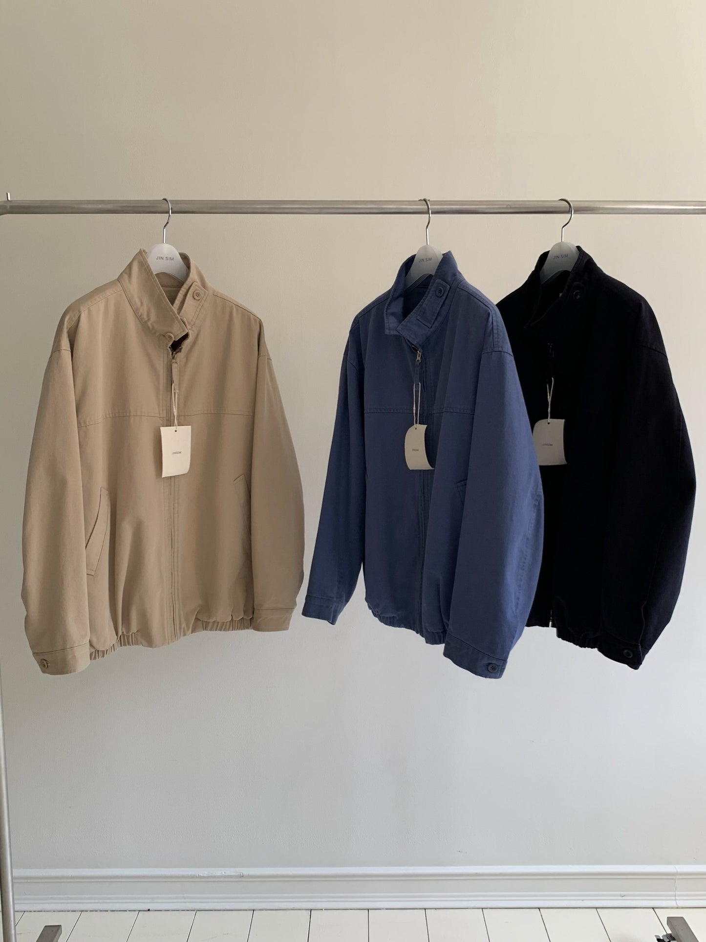french blue cotton high-neck zip-up jacket-3col