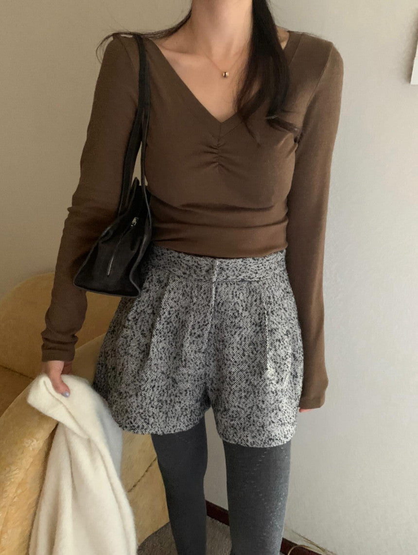 V-neck shirring T-4col