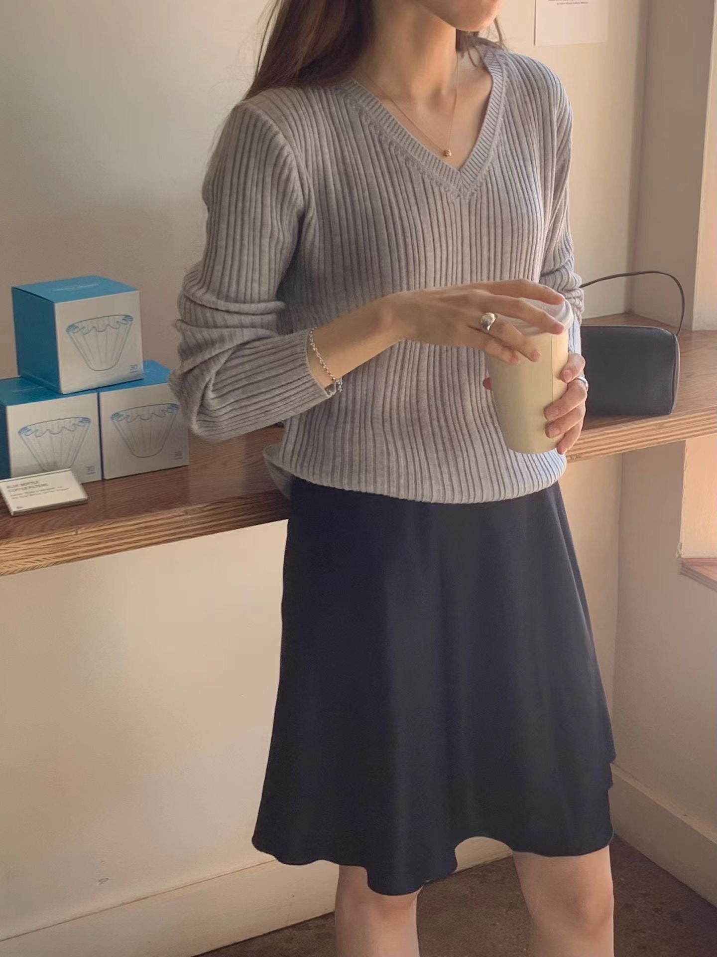 Ounce v neck rib knit-3col