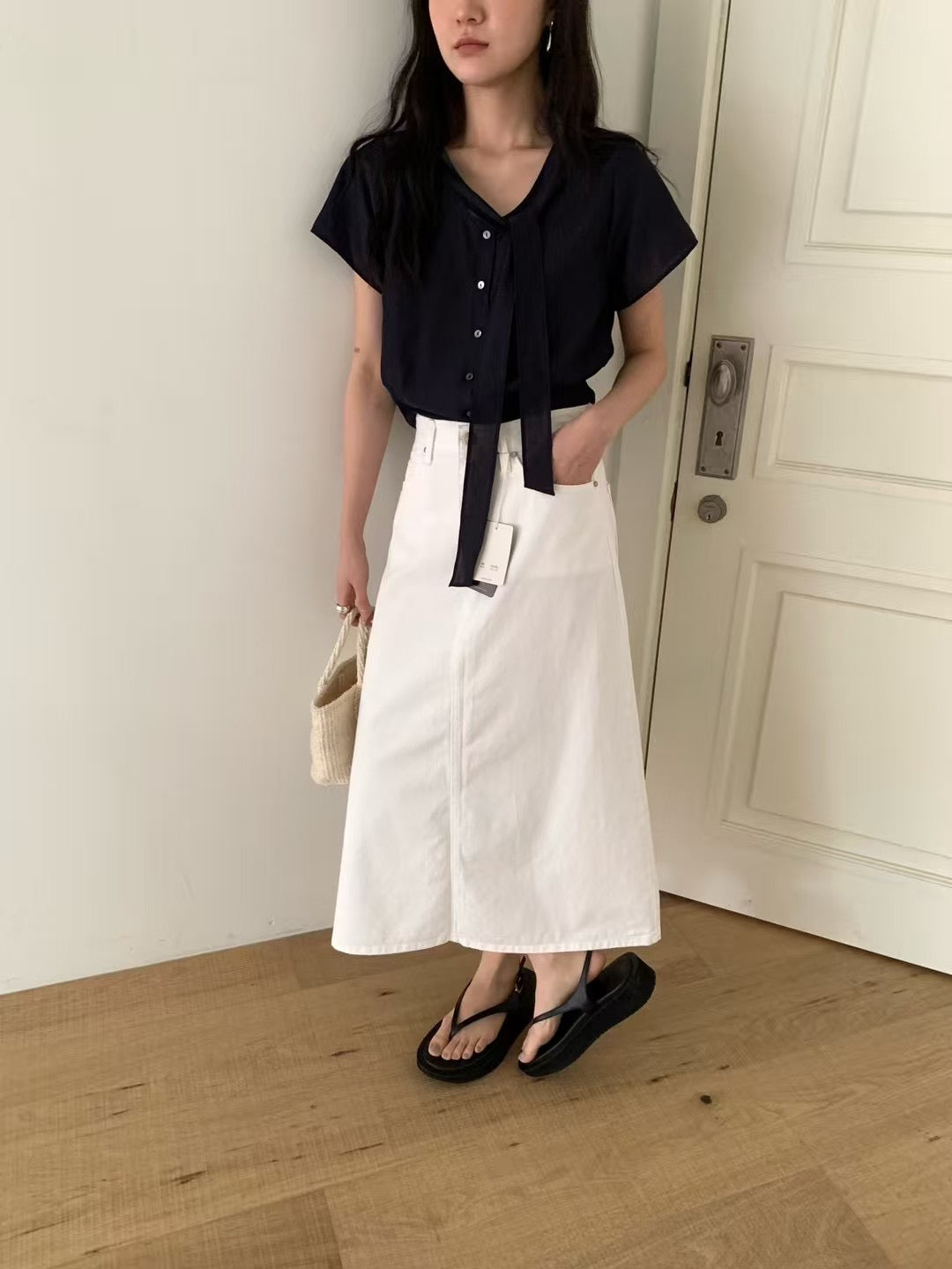 deondo tie short sleeve blouse-2col
