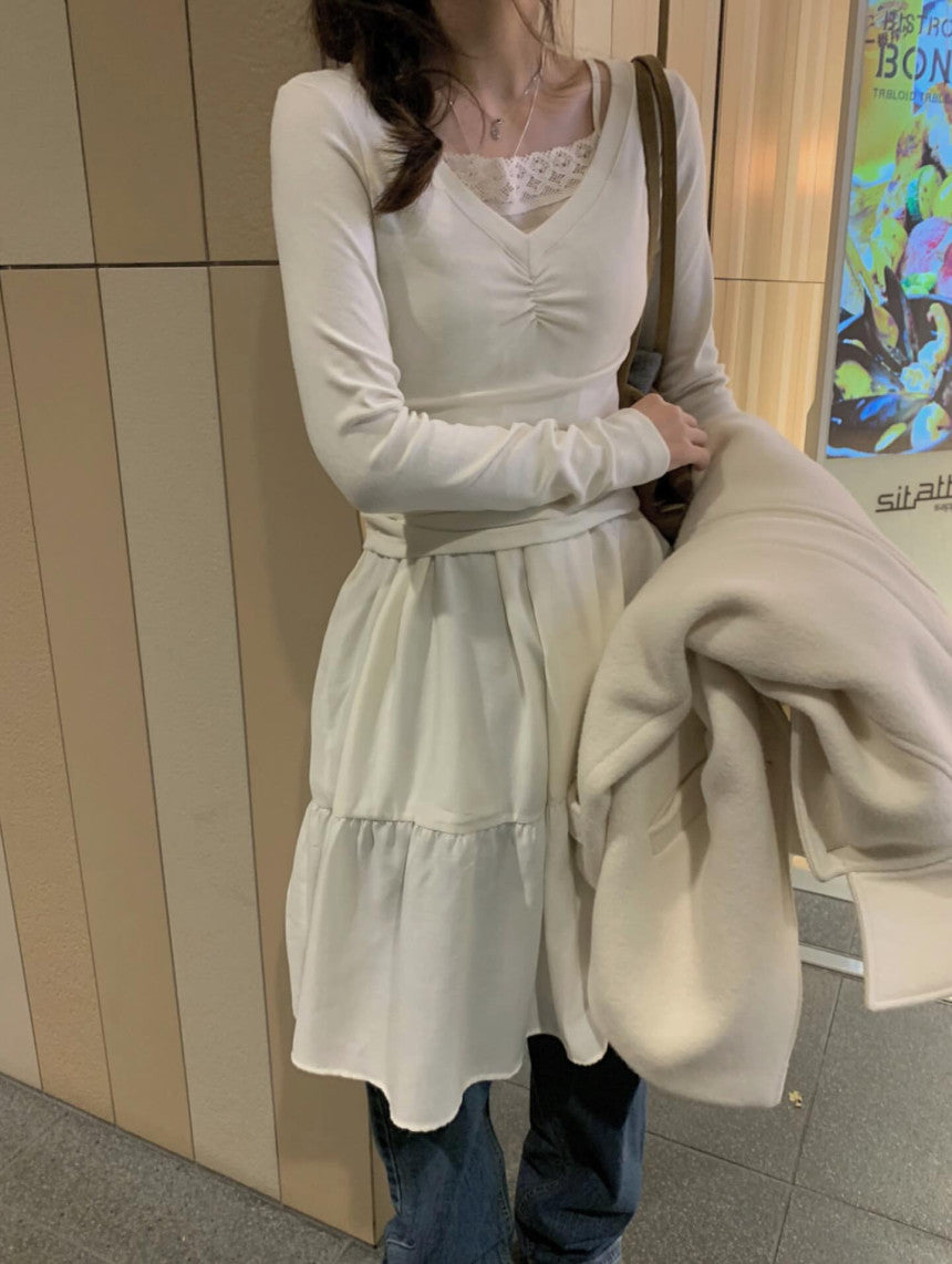 V-neck shirring T-4col