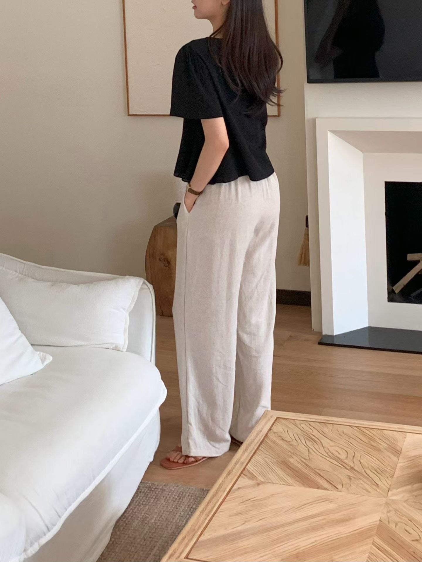 vintage linen wide banding pants-3col