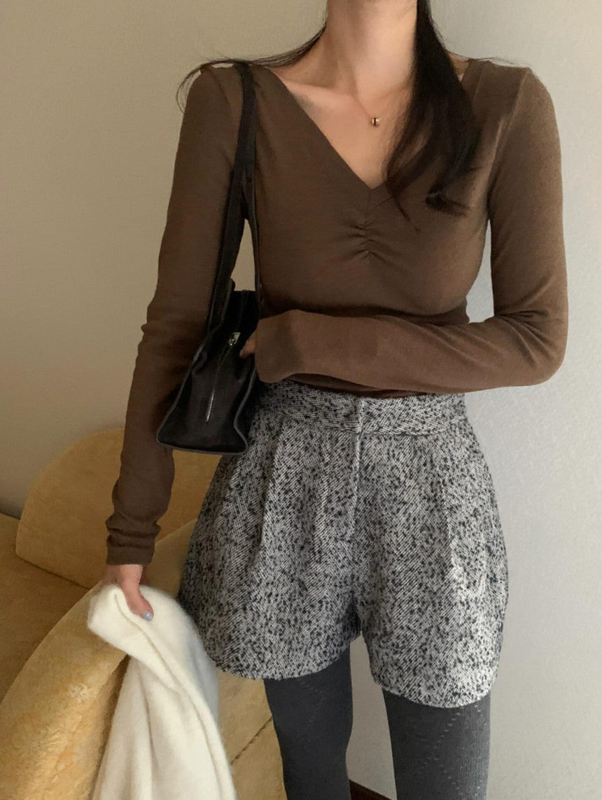 V-neck shirring T-4col