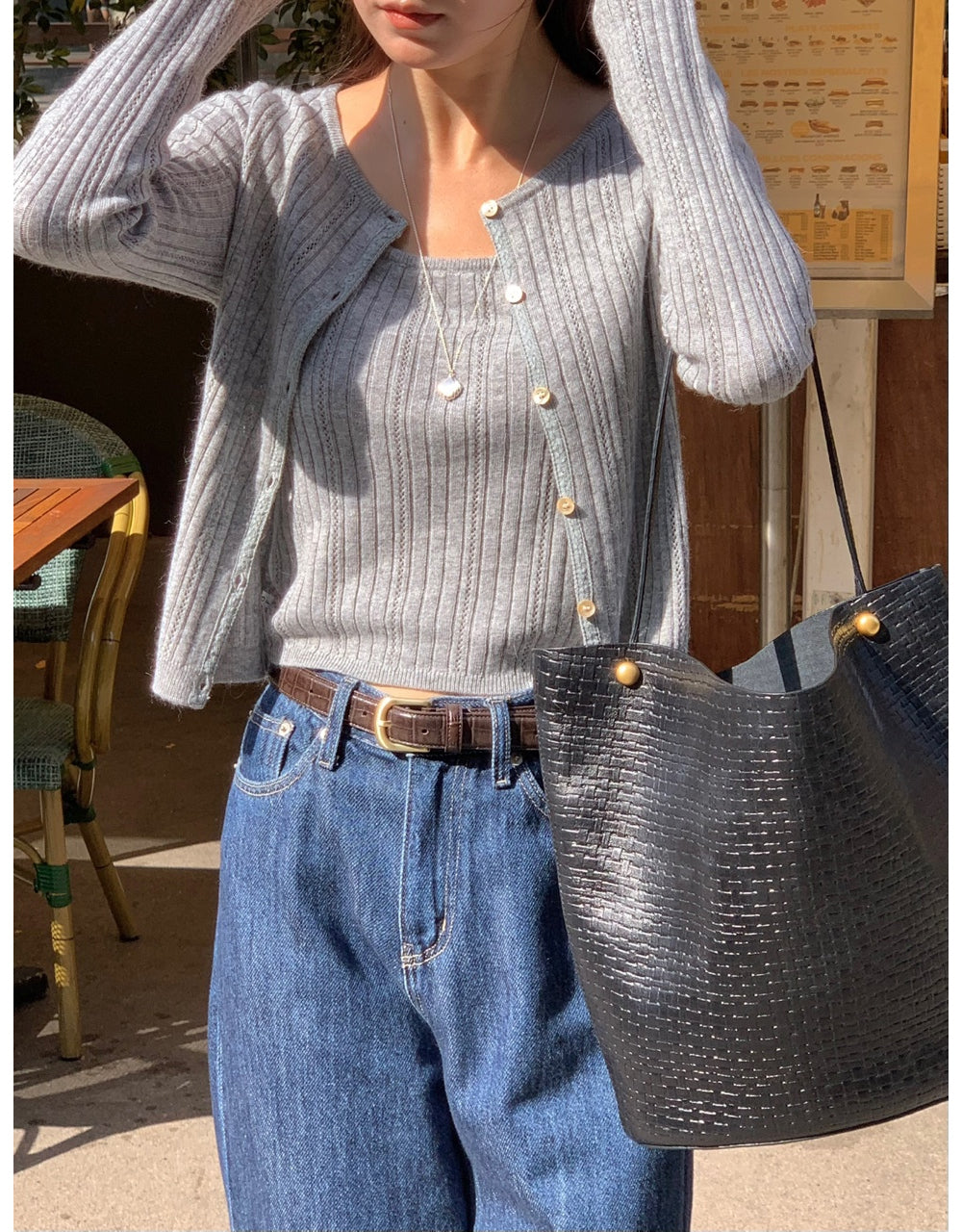 Punching sleeveless&cardigan set-3col