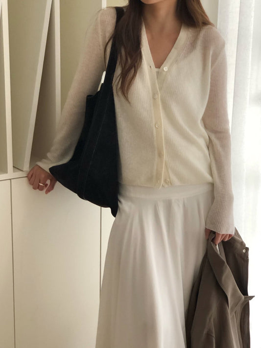 Baby alpaca rib v-neck cardigan-2col