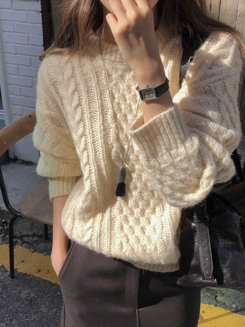 French alpaca cable round knit-3col