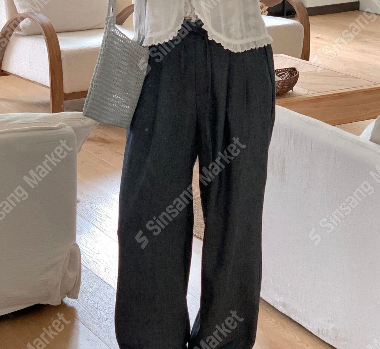 linen denim strap back-banding wide pants-2col/ショート丈あり