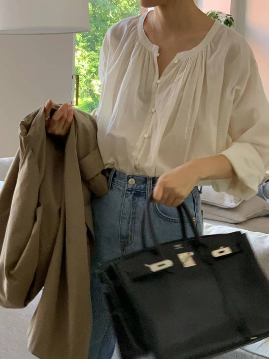 Ounce soi round shirring blouse-2col