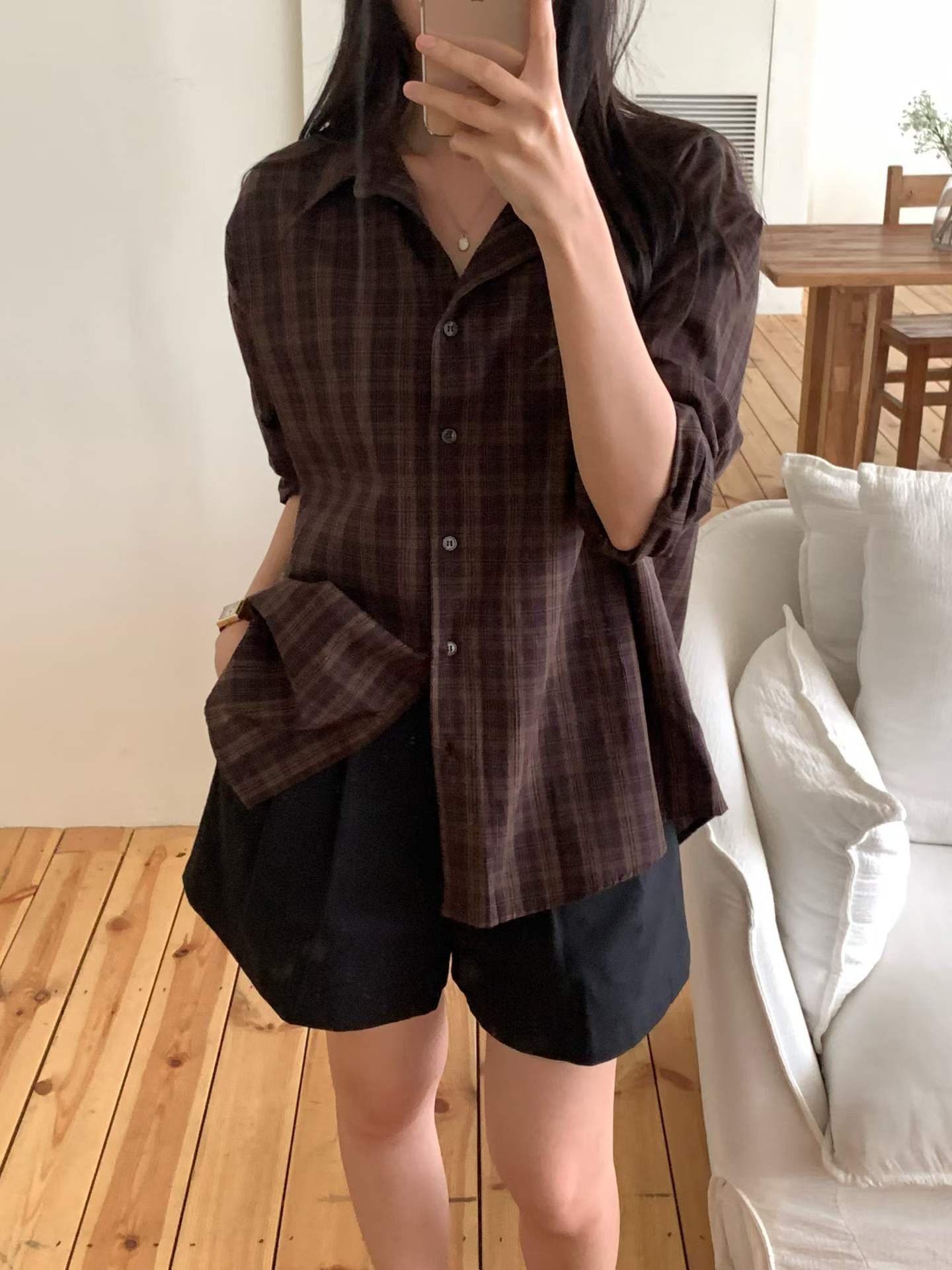 Burning check shirt-2col