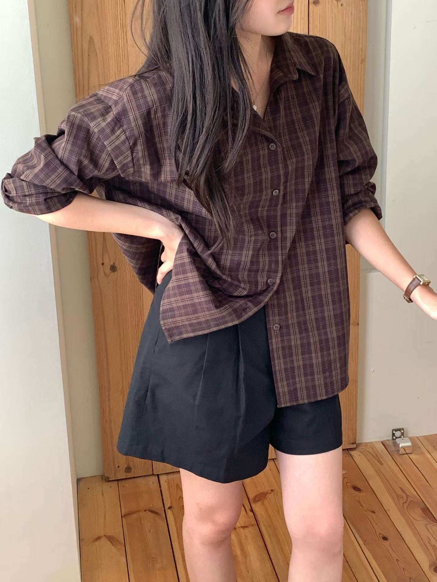 Burning check shirt-2col